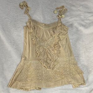 POL Cream Lace Ruffle Tie-Shoulder Tank Top